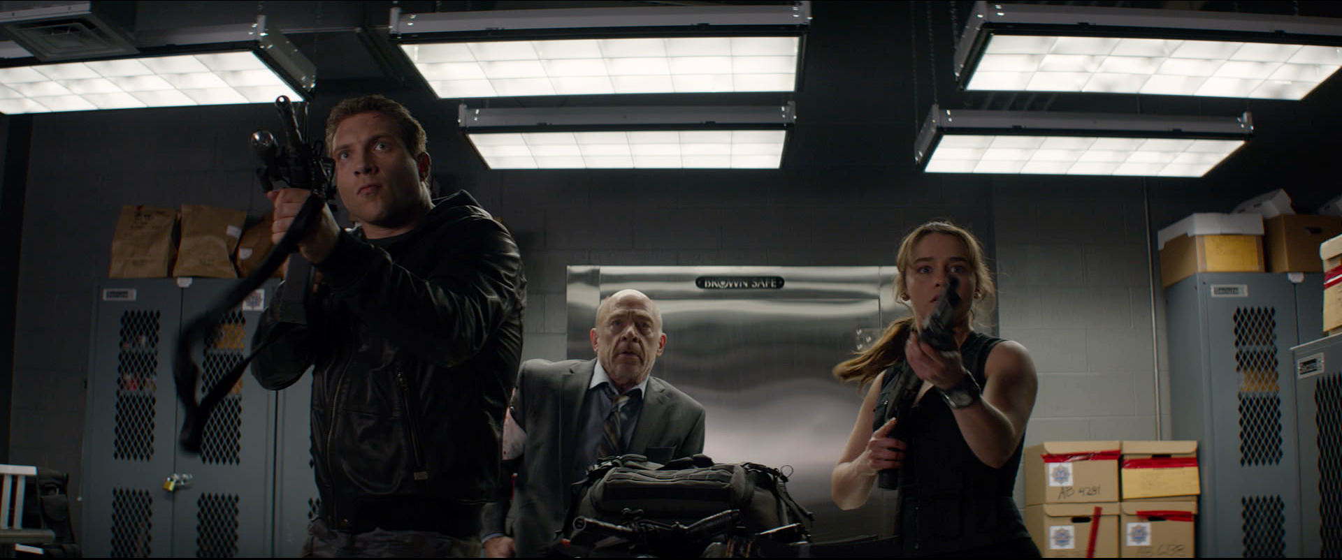 Left to right: Jai Courtney plays Kyle Reese, JK Simmons plays Detective O’Brien, and Emilia Clarke plays Sarah Connor in Terminator Genisys from Paramount Pictures and Skydance Productions.