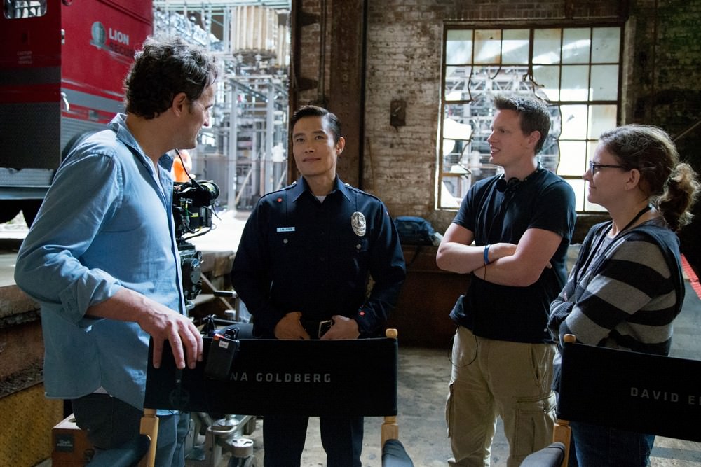 Left to right: Jason Clarke, Byung-hun Lee, Producer David Ellison, and Producer Dana Goldberg on the set of Terminator Genisys from Paramount Pictures and Skydance Productions.